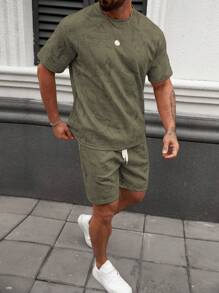 Manfinity CasualCool Men's Tie Dye Crew Neck Short Sleeve T-Shirt And Drawstring Waist Shorts, Casual Suit Men Two Pieces Outfits Set, Fall Clothes Fleece - Green - View 4