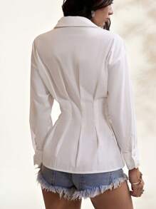 Easelle Summer Vacation Boho White Woven Long Sleeve Single-Breasted Waist-Cinched Blouse Classy Outfits For Women - White - View 2