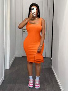 Slaydiva Women Solid Color Sleeveless Bodycon Dress, Casual - Orange - View 6