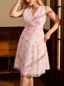 Vintamour Vestido Rosa Plus Size para Mulheres, Vestido Sem Mangas, Roupa Feminina Romântica e Elegante, Vestido Floral, Roupa Feminina Exclusiva para Encontros, Vestido Elegante - Rosa chiclete - Visão 6