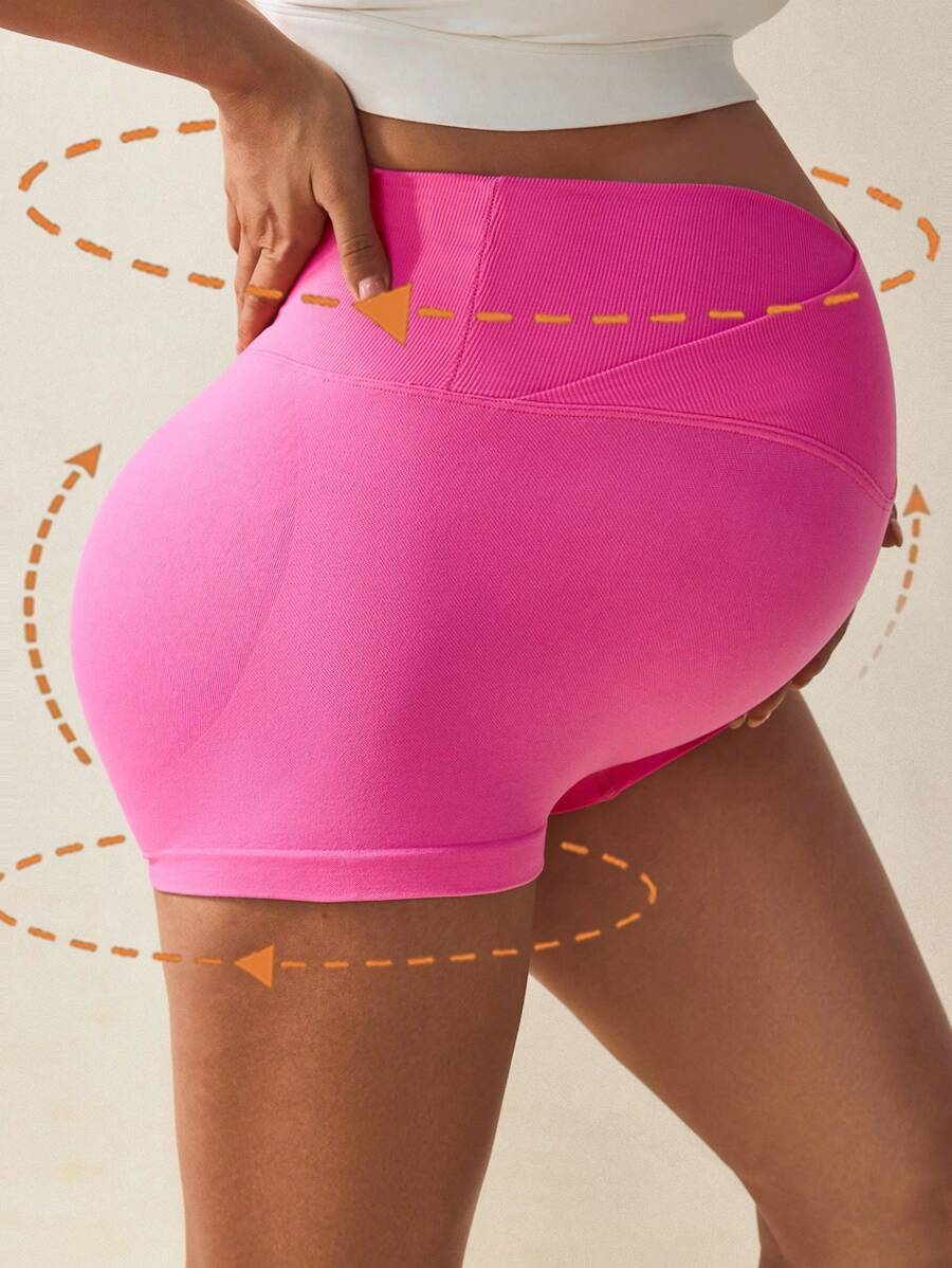 SHEIN 孕妇纯色不对称腰带休闲健身运动短裤 - 珊瑚粉 - 查看 1