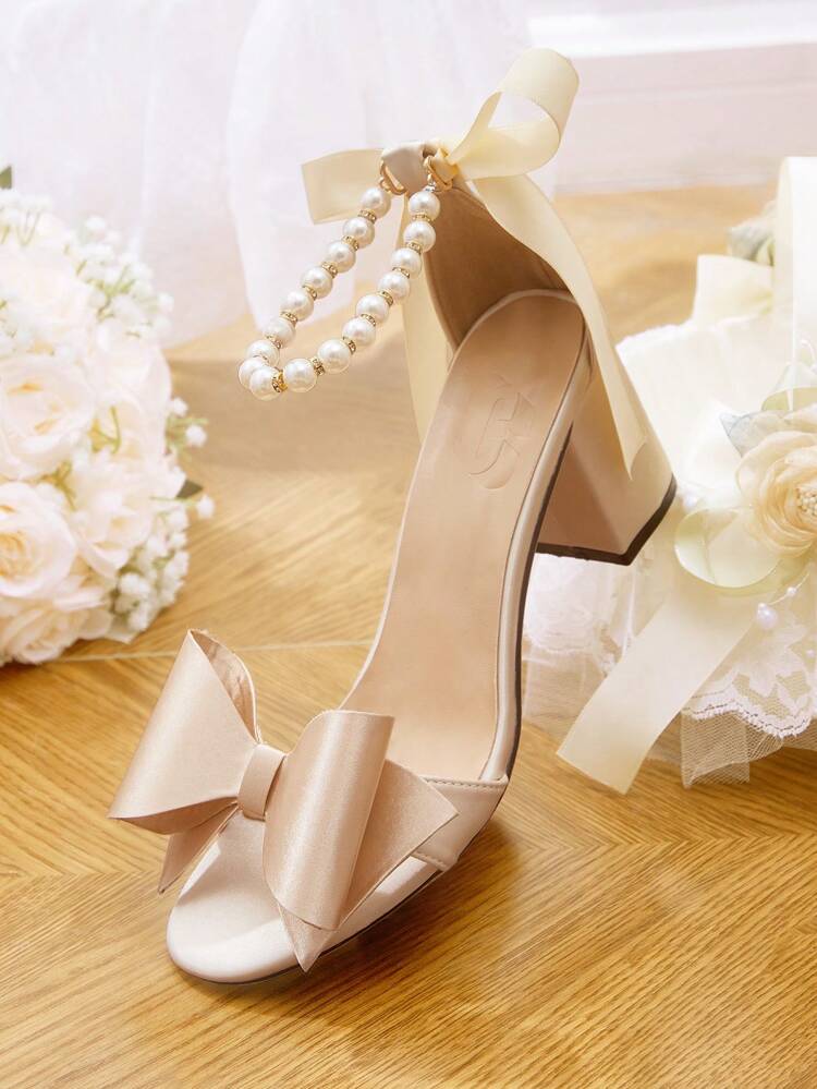 CUCCOO HITCHD Sandalias de tacón alto con lazo de perlas para mujer, estilo romántico y elegante, de tacón grueso y medio, ideal para eventos de boda, fiestas y citas, color albaricoque
