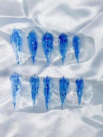 Grunge Punk Handmade Punk Gothic Blue Sea Sequin Animal Claw Dragon Claw Nail Press-On Nails , Unique Anime/Cosplay Theme Nail Jewelry Suitable For Conventions, Music Festivals, Professional Photoshoots