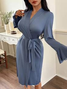 女士休闲喇叭袖睡袍家居服，舒适保暖，秋冬款 - 霧霾藍 - 查看 6