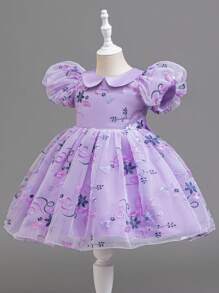 SHEIN Glamorique Kids Girls Floral Waist Bubble Dress With Mesh Puff Sleeves, Elegant Party Dress For Toddler, All Season Princess Dresses For Girls Party Dresses For Kids