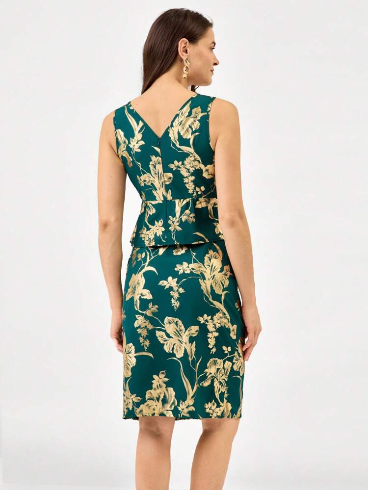 2pcs Women Holiday Floral Metallic Print Sleeveless Top And Skirt Elegant Set