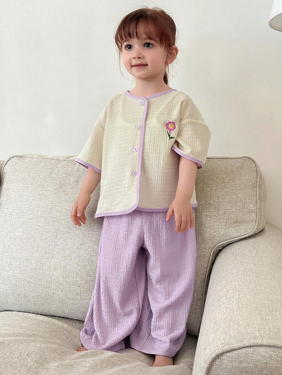 DAZY 女婴撞色卡通花朵印花短袖上衣和长裤睡衣套装 幼儿女童服装 - 紫色 - 查看 1