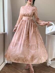 DAZY 女式优雅花卉印花高领长袖中长连衣裙，秋季 - 杏色 - 查看 6