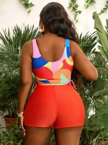 Slaydiva Plus Size Women Geometric Print Side Drawstring Tankini Swimsuit Set, Vacation - Multicolor - View 2