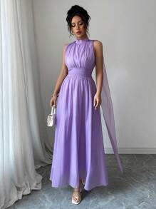 Elenzga Váy suông cổ bẻ xếp nếp thanh lịch ôm sát eo cho nữ, đa năng để mặc hàng ngày, đi chơi, đi nghỉ, đi dã ngoại, mua sắm, v.v., mùa hè - Màu tím - Xem 4