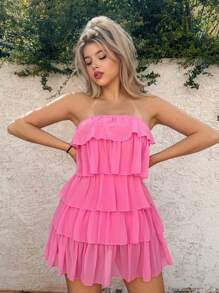 EgrlEra Damen elegantes einfarbiges Kleid mit geflügeltem Saum und trägerlosen Ausschnitt, Sommer