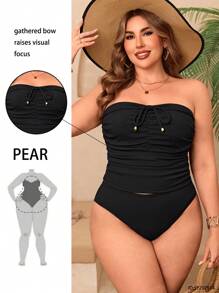 Swim Basics 大码女式纯色前系带抹胸比基尼泳装套装