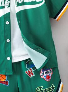 SHEIN Chico joven Camisa con estampado de letra ribete de rayas cuello béisbol & Shorts sin camiseta - Verde - Ver 6