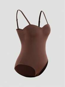 SHAPORA 1pc Women's Plain Color Fashionable Bodysuit Shapewear, Suitable For Summer - Brown - View 8
