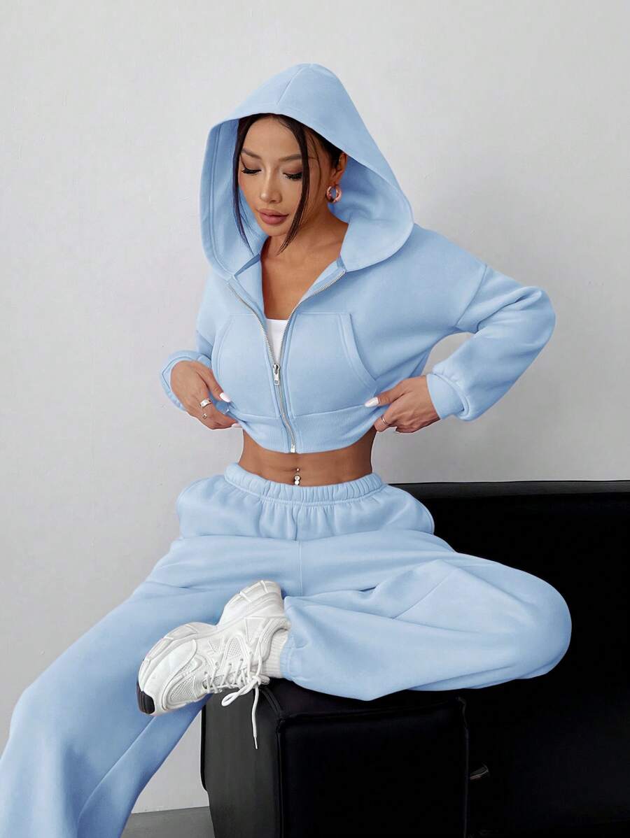 SHEIN EZwear 女士休闲纯色落肩宽松拉链短款连帽衫和运动裤套装 - 藍色 - 查看 1