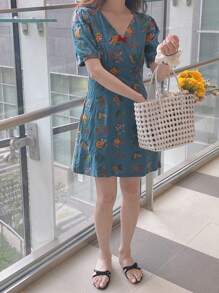 DAZY V-Neck Bow-Decor Short Sleeve Floral Embroidery Elegant Mini Dress For Women, Summer Vacation - Blue - View 4