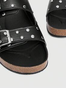 ROMWE Grunge Punk Women's Black Roman Beach Sandals, Summer Open Toe Buckle Strap Vacation Flat Slide Slippers