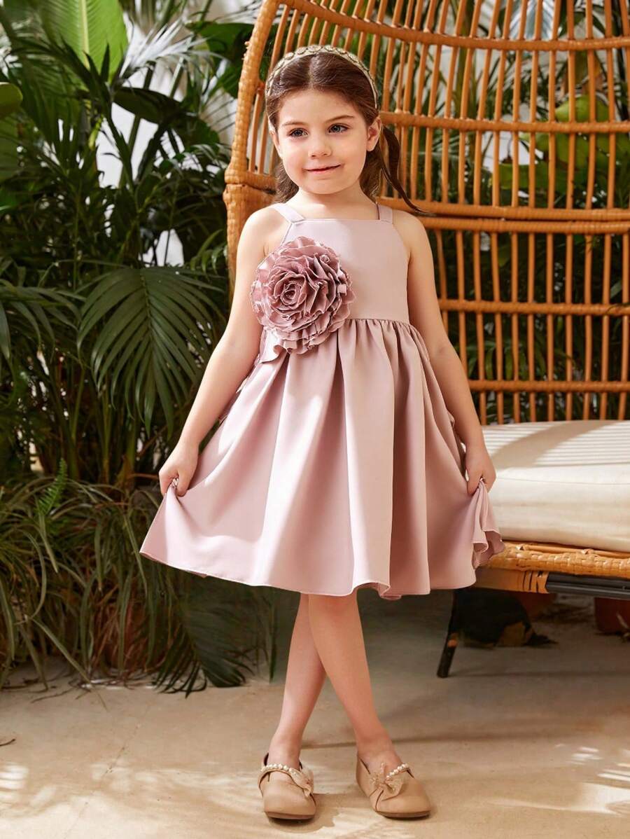 Young Girl Solid Color Floral Satin Summer Dress - Pink - View 1