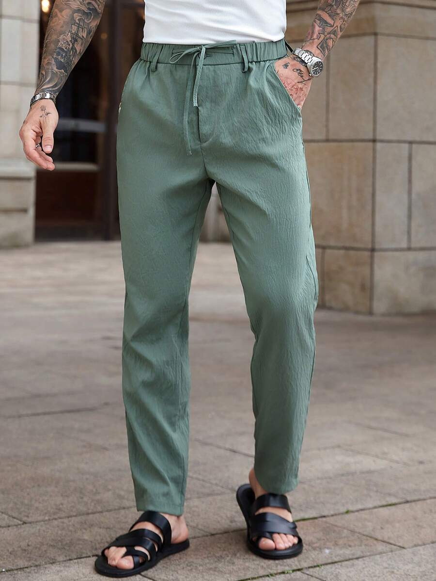 Manfinity Homme Men's Textured Fabric Casual Drawstring Waist Pocket Suit Pants, Summer - Green - View 1