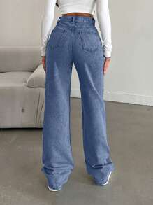 EURMUSE Snow Wash Straight Leg Jeans High Rise ,Petite Women - Medium Wash - View 2