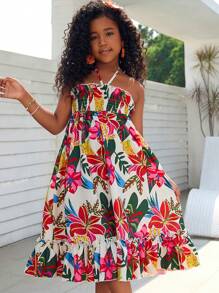 Tween Girl Casual Tropical Holiday Ruffled Short Dress - Multicolor - View 1