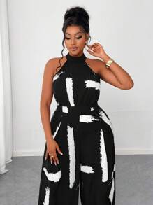 Maweii 女式大码休闲黑白印花挂脖拉链阔腿连体裤，百搭海滩度假风设计，2025 年春夏 - 黑與白 - 查看 3