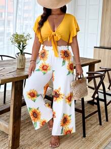 SHEIN Clasi 大码女式休闲度假系带上衣和向日葵印花裤两件套 - 黃色 - 查看 4