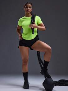 POWERISTA Powerista Women Neon Green Round Neck Raglan Short Sleeve Daily Fitness Sports T-Shirt