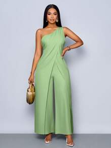 SOLERSUN Mono con abertura y pierna ancha sin mangas de un solo hombro de moda para mujer, para primavera y verano - verde menta - Ver 7