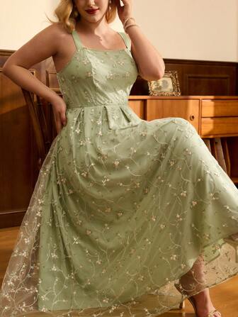 Vintamour Plus Size Women Vintage Floral Embroidery Mesh Slip Dress, Vacation Style,Summer Dresses For Women
