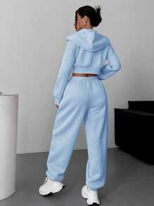 SHEIN EZwear 女士休闲纯色落肩宽松拉链短款连帽衫和运动裤套装 - 藍色 - 查看 2