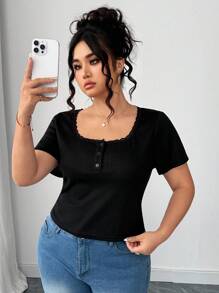 Elenzga Plusstorlek Sommar Casual Enfärgad Spetskant Kortärmad T-shirt - Svart - Visa 3