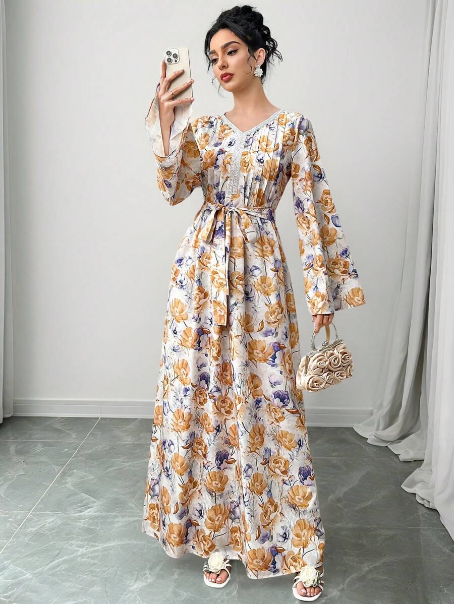 Yasmyna Women's Elegant Floral Print Patchwork Ribbon Dress - Orange - View 1