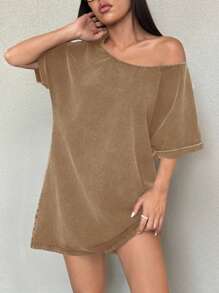 SHEIN EZwear 复古破洞不对称领口宽松T恤连衣裙，西部音乐节风格，夏季 - 卡其色 - 查看 3