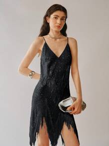 Uhlyne Uhlyne Women's Black Sequin Fringe Spaghetti Strap Party Dress: Short, Asymmetrical Hem, And Sleeveless Design For A Dazzling Night Out - Black - View 3