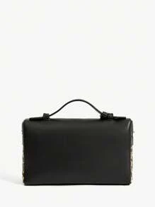 SHEIN SXY 女士手提包，编织包，时尚，简约，优雅，百搭，经典，编织 PU，红色包，金属挂锁装饰，适合通勤、办公、约会、日常、购物、下午茶 - 黑色 - 查看 4