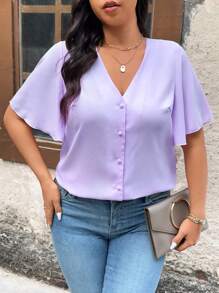 Calvaya Plus Size Solid Color V-Neck Front Button Short Sleeve Blouse