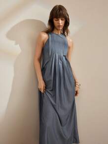 Ontre 女士长款海军蓝连衣裙，带口袋，褶皱西装面料，纯色无袖，时尚，适合春夏季，优雅淑女装，舒适休闲装，商务休闲办公装，低调复古风格，高品质都市通勤，高端机场时尚，优质材料 - 深灰色 - 查看 7