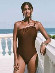 Swim Chiccia 1 件女士优雅连体泳衣，不对称肩部设计 - 棕色 - 查看 4