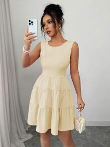 Elenzga 女士纯色蝴蝶结装饰圆领无袖连衣裙 - 杏色 - 查看 6