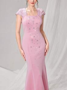 Poshira Women's Elegant French Style Pearl Embellished Mermaid Hem Fitted Dress, Slimming And Classy