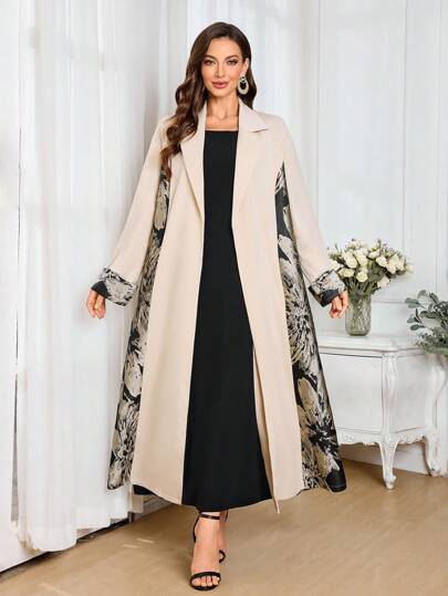 Al Najma 优雅的色块长款阿巴亚开衫，秋季，休闲阿巴亚长袍，适合晚会/日常休闲，朴素的长袍