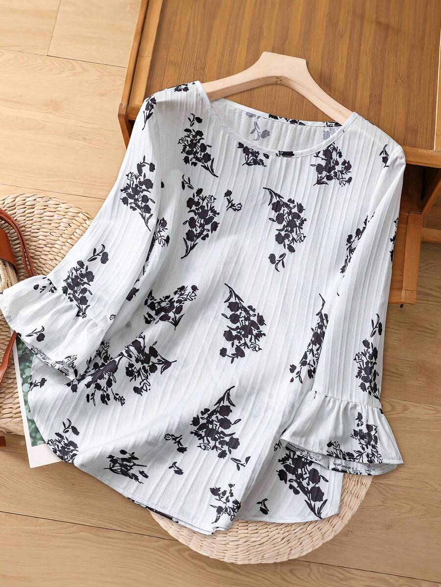 Rusticease Blusa de cuello redondo con mangas acampanadas y estampado floral, ropa para vacaciones