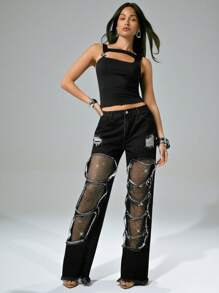 Denimoi Distressed Rhinestone Net Denim Jeans Straight Leg Jeans Sheer Mesh Rhinestone Fashionable Concert Outfits Concert Bottoms - Black - View 5