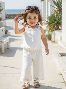 2 pièces Ensemble mode casual bébé fille Débardeur en dentelle et pantalon en dentelle Deux pièces, style doux pour filles, nouveaux produits pour le printemps et l'été