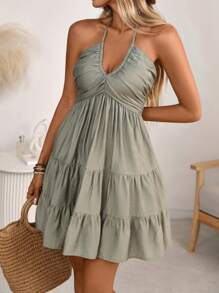 Breezaya Women's Spring/Summer Rayon Bamboo Knit Bohemian Beach Dress, Shirred Pleated Bust, Tiered Skirt Design, A-Line Silhouette, Backless With Tie-Up Halter Neck And Bow Closure