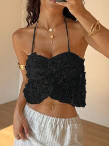 Flirla Top con cuello halter y decoración de flores 3D para mujer - Negro - Ver 3