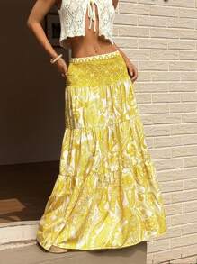 Sunnyshic Damska długa spódnica w stylu boho z nadrukiem, codzienna, na wakacje, wiosna/lato - Żółty - Zobacz 3