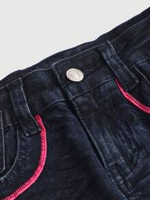 ROMWE Fairycore Y2K Diva Tight Fit Butterfly Embroidery Sexy Distressed Washed Low Waist Denim Shorts - Blue - View 3