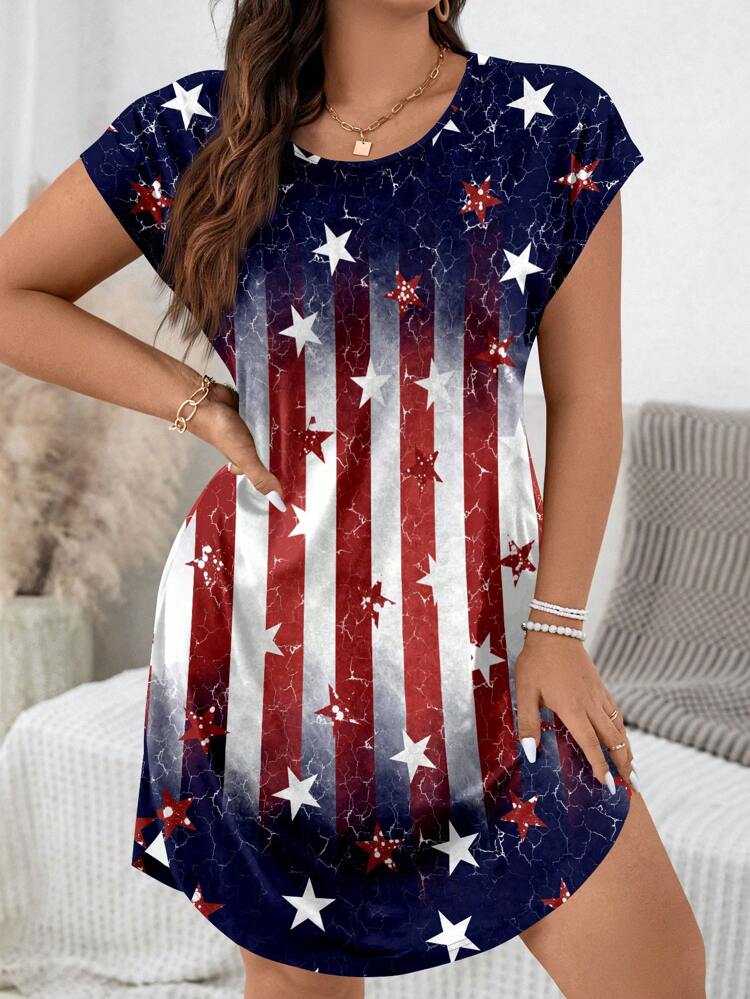 Casual Loose Fit Plus Size Women's US Flag Printed Short Sleeve Dress Vacation Outfit For Women Summer Outfits For Women,Spring